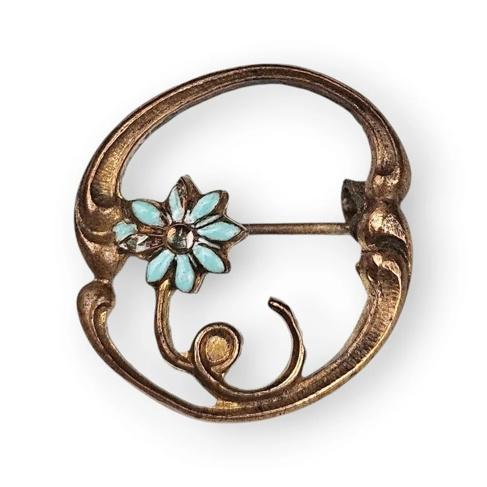 Antique Flower Mini Sash Pin Art Nouveau Blue Enamel Copper Brooch Tiny Vtg 7/8" - Picture 2 of 7